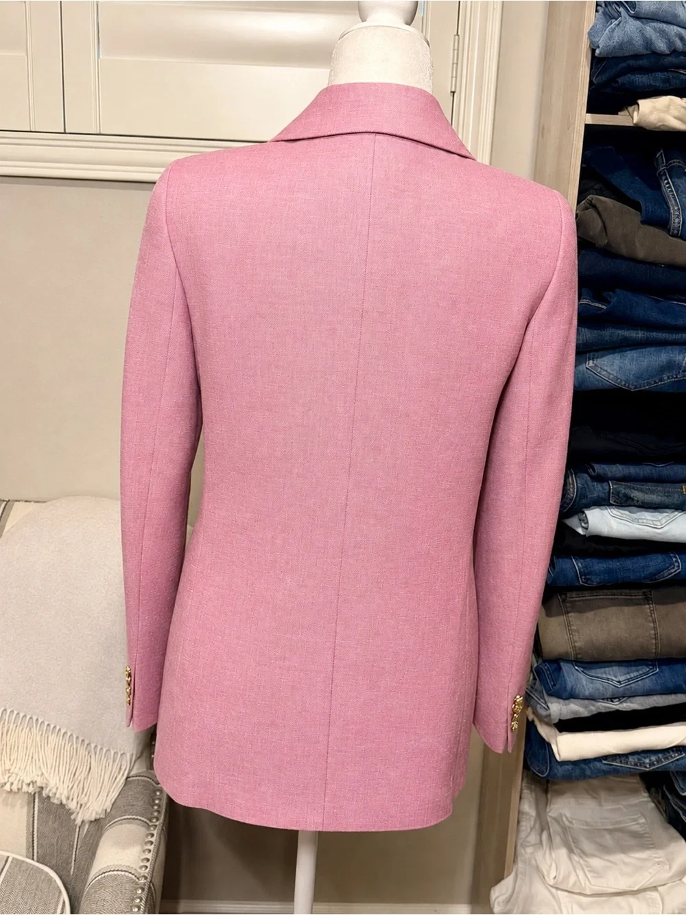 Double-Breasted Pink Linen Blend Blazer Jacket